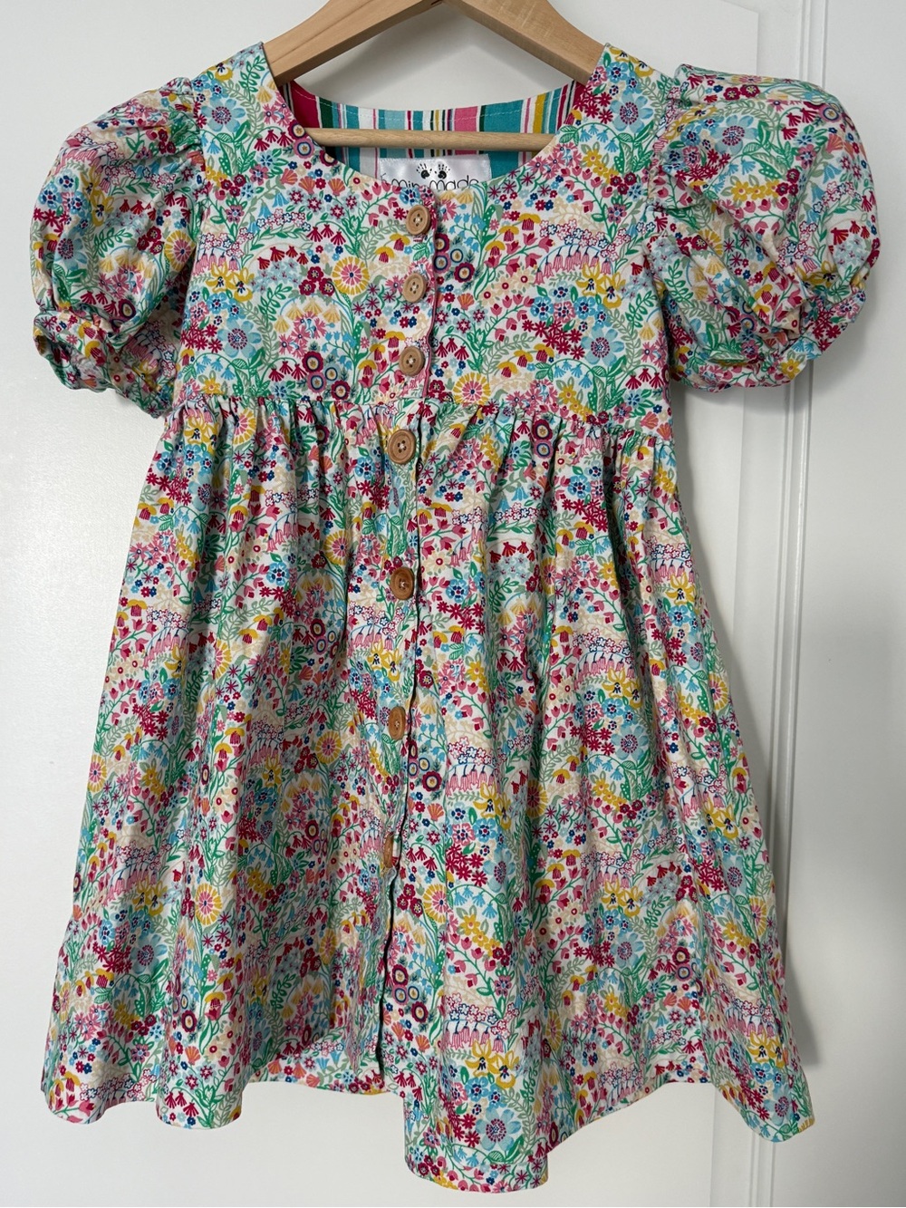 As new MimMade girls puff sleeve dress made with Liberty London fabric size 5